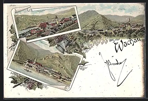 Lithographie Rossatz, Ortsansicht mit Dürnstein und Spitz