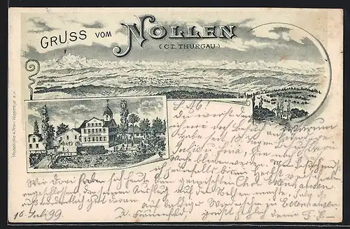 Lithographie Nollen, Ortspartie mit Gasthaus z. Nollen, Gesamtansicht aus der Ferne vor Alpenpanorama