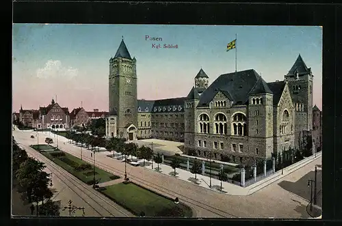 AK Posen / Poznan, Partie am kgl. Schloss, Strassenbahn