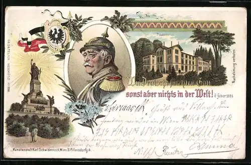 Lithographie Friedrichsruh, Schloss, Reichskanzler Fürst Otto von Bismarck mit Pickelhaube, Niederwalddenkmal