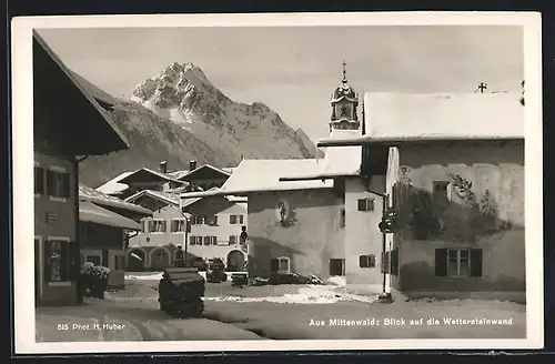 AK Mittenwald, Blick auf die Wettersteinwand im Schnee