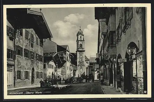 AK Mittenwald, Partie am Oberen Markt mit Blick auf Kirche