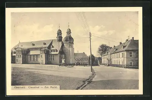 AK Clausthal / Oberharz, Am Markt mit Denkmal