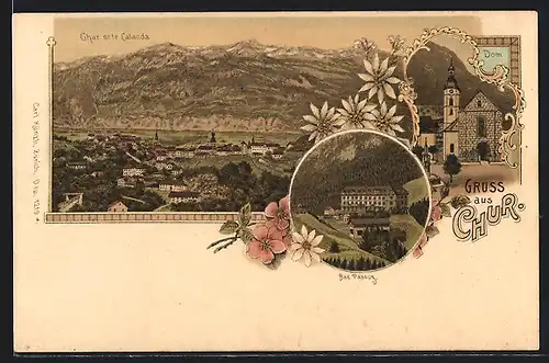 Lithographie Chur, Dom, Gesamtansicht mit Blick auf die Berge, Bad Passug