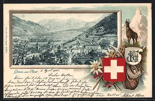 Passepartout-Lithographie Chur, Ortsansicht aus der Vogelschau, Wappen