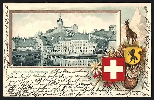 Passepartout-Lithographie Schaffhausen, Ortsansicht mit Wappen