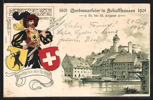 Lithographie Schaffhausen, Centennarfeier 1901, Ortsansicht, Wappen