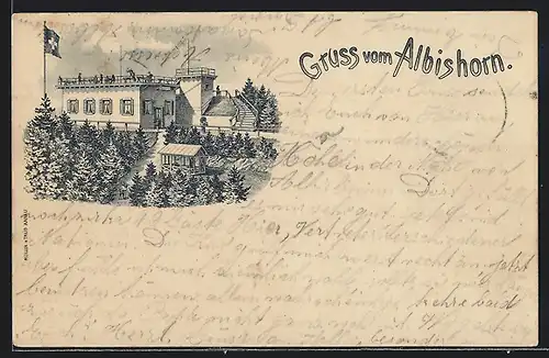 Lithographie Albishorn, Aussichtspunkt mit Schweizer Fahne