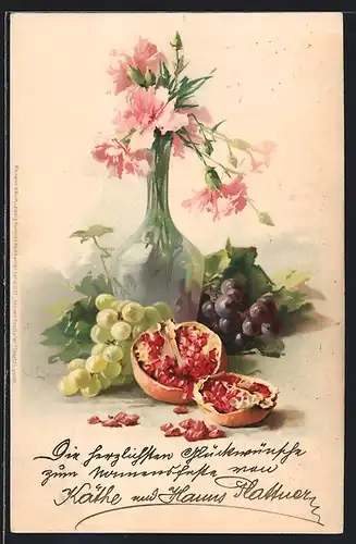 Künstler-Lithographie Catharina Klein: Von der Festtafel, Stilleben mit Blumenvase und Granatapfel