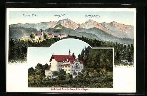 Künstler-AK Eugen Felle: Adelholzen /Obb., Gesamtansicht mit Maria Eck & Hochgern, Hotel Kurhaus