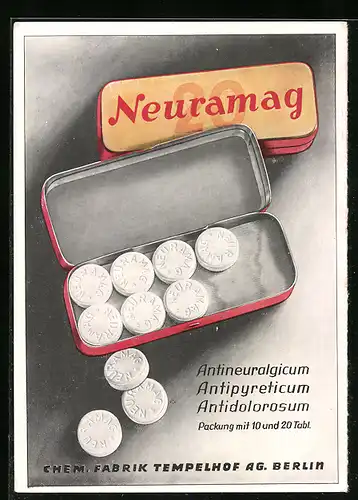 AK Berlin-Tempelhof, Chemische Fabrik Tempelhof AG, Reklame für Neuramag, Antineuralgicum