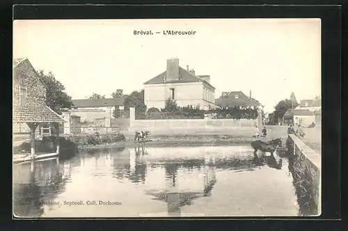 AK Bréval, L'Abreuvoir, Rind & Pferd