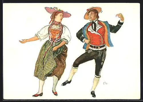 Künstler-AK Vevey, Fete des Vignerons 1927, Canton d` Unterwald, Paar in Tracht beim Tanz