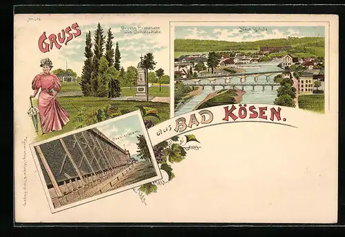 Lithographie Bad Kösen, Gradierwerk, Neue Brücke, Grosse Promenade und Inhalierhalle