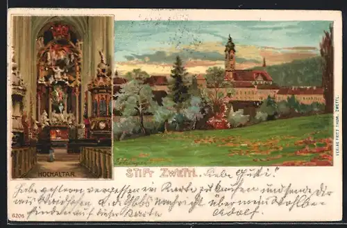 Lithographie Zwettl, Ortsansicht und Hochaltar im Stift