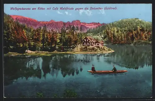 AK Ritten, Cafe Waldfriede mit Blick gegen die Dolomiten am Ufer des Wolfsgrubensee