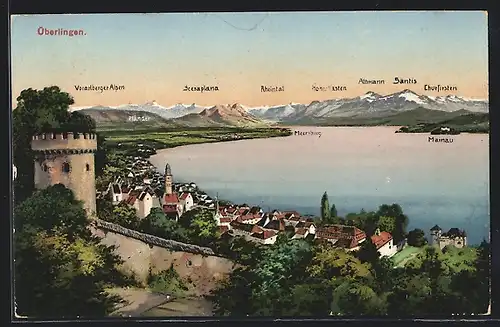 AK Überlingen, Teilansicht mit Mainau, Scesaplana und Säntis