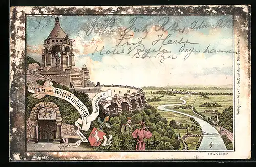 Lithographie Wittekindsberg, Kaiserdenkmal mit Blick ins Land