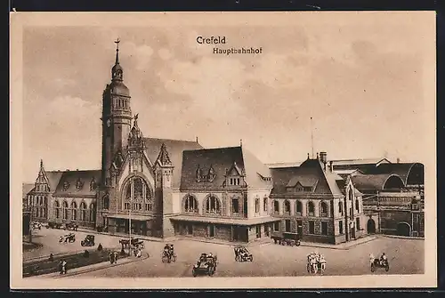 AK Crefeld, Hauptbahnhof mit Pferdewagen und Autos