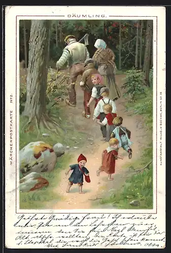 Lithographie Eltern mit Kinderschar und Däumling im Wald