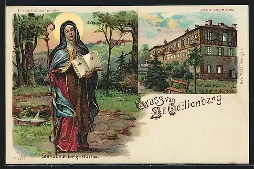 Lithographie St. Odilienberg, Wallfahrtskirche, Standbild der hl. Odilia, Halt gegen das Licht: Ansicht bei Nacht