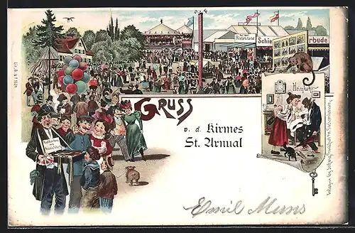 Lithographie St. Arnual, Kirmes, AK-Verkauf, Heimkehr