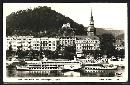 AK Bad Schandau, Ortsansicht mit Luxusdampfer Leipzig