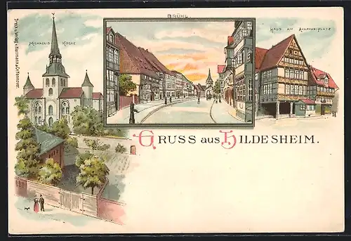 Lithographie Hildesheim, Haus am Andreas-Platz, Brühl, Michaelis Kirche