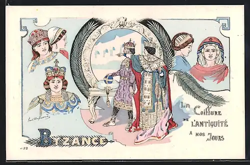 Künstler-AK sign. Dufresne: La Coiffure de l`Antiquité a nos Jours, Byzance, Jugendstil