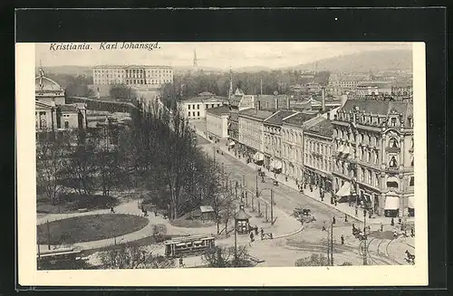 AK Kristiania, Karl Johansgd. mit Strassenbahn