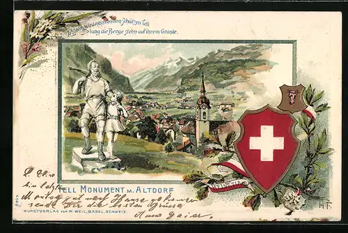 Passepartout-Lithographie Altdorf, Tell Monument und Wappen