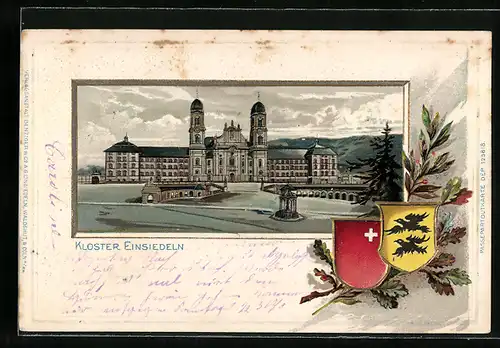 Passepartout-Lithographie Einsiedeln, Kloster Einsiedeln, Wappen