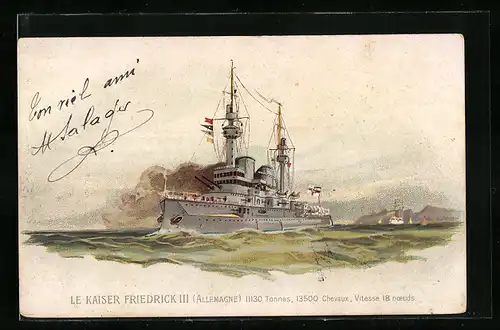 Lithographie Kriegsschiff S. M. S. Kaiser Friedrich II. auf hoher See