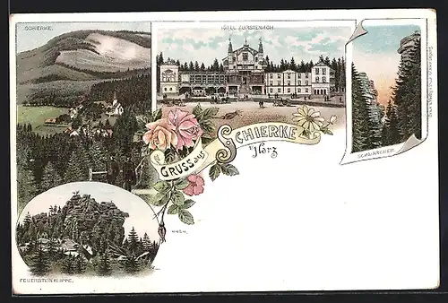 Lithographie Schierke i. Harz, Hotel Fürstenhöh, Feuersteinklippe, Schnarcher