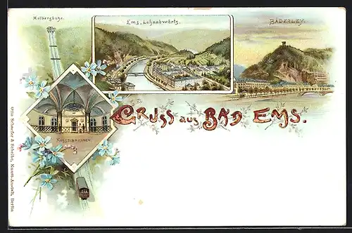 Lithographie Bad Ems, Panorama Lahnabwärts, Malbergbahn & Bäderley