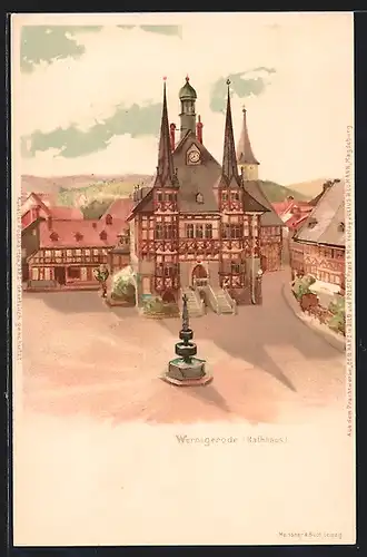 Lithographie Wernigerode, Ortspartie mit Rathaus und Denkmal aus der Vogelschau