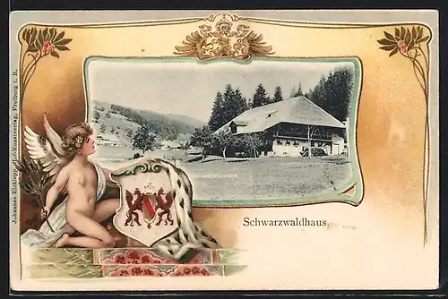 Passepartout-Lithographie Blick auf ein Schwarzwaldhaus, Engel mit Wappen