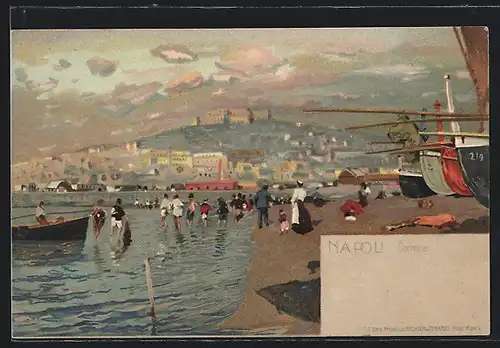 Lithographie Napoli, Uferpartie mit Booten und Strandgästen