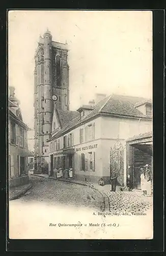 AK Maule, Rue Quincampoix, Strassenpartie mit Kirchblick