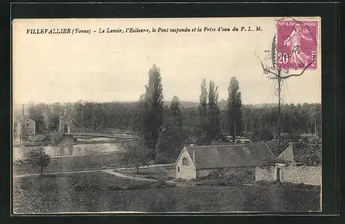 AK Villevallier, Le Lavoir, l`Eolienne et le Pont suspendu