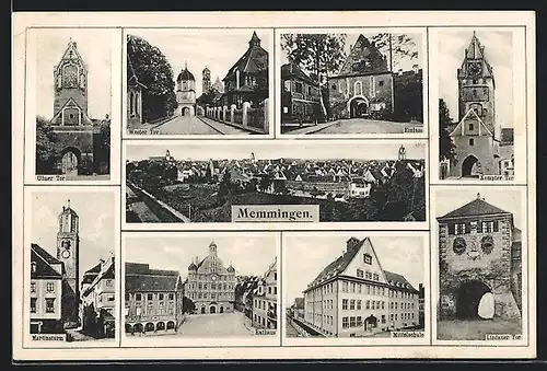 AK Memmingen, Wester, Kempter, Lindauer u. Ulmer Tor, Martinsturm, Rathaus, Mittelschule