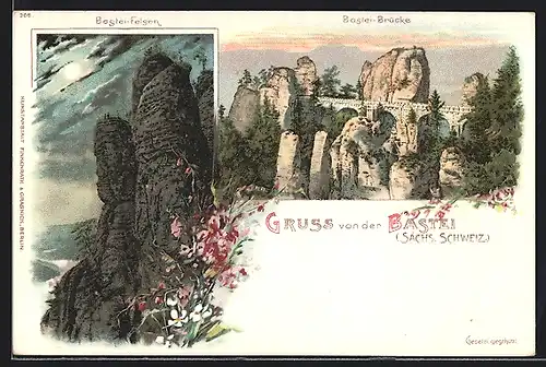 Lithographie Bastei, Brücke und Felsen