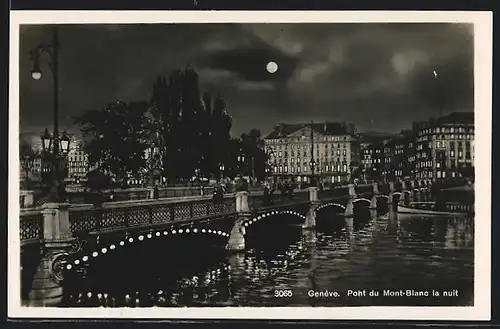 AK Genève, Pont du Mont-Blanc la nuit