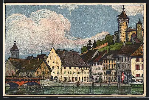 Künstler-AK Schaffhausen, Schifflände mit Burg