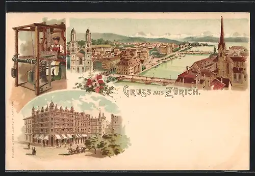 Lithographie Zürich, Teilansichten der Stadt, Frau am Webstuhl