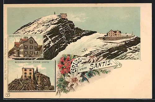 Lithographie Säntis, Gasthof, Meteorologische Station