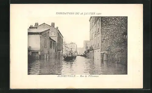 Präge-AK Alfortville, Inondations 1910, Rue de Villeneuve, Strassenpartie