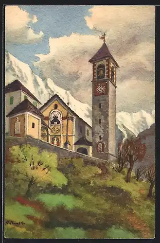 Künstler-AK Mergoscia / Verzascatal, Blick zur Kirche