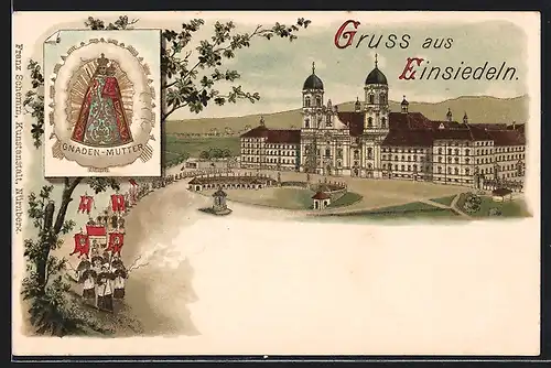 Künstler-AK Einsiedeln, Kloster mit Prozession, Gnadenbild
