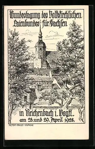 Künstler-AK Reichenbach, Bundestagung d. Volkskirchlichen Laienbundes für Sachsen 1928, Peter-Pauls-Kirche